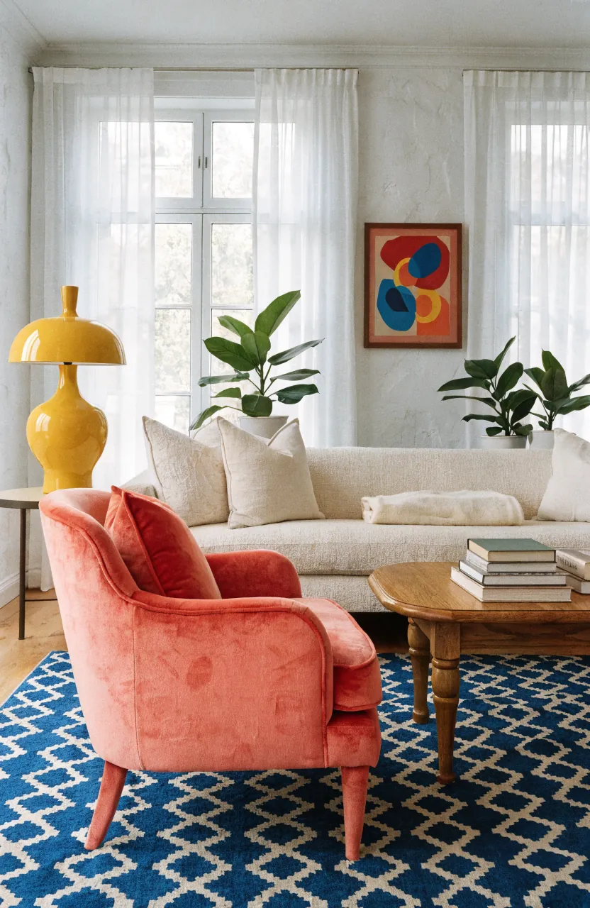 Bright colorful living room with coral chair, blue rug, yellow lamp, plants, and cream sofa