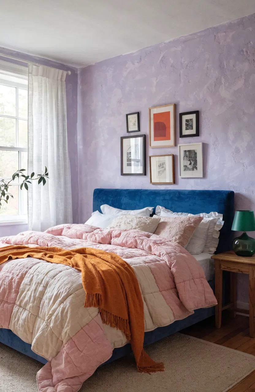 Restful colorful bedroom with lilac walls, blue headboard, pink bedding, and saffron throw