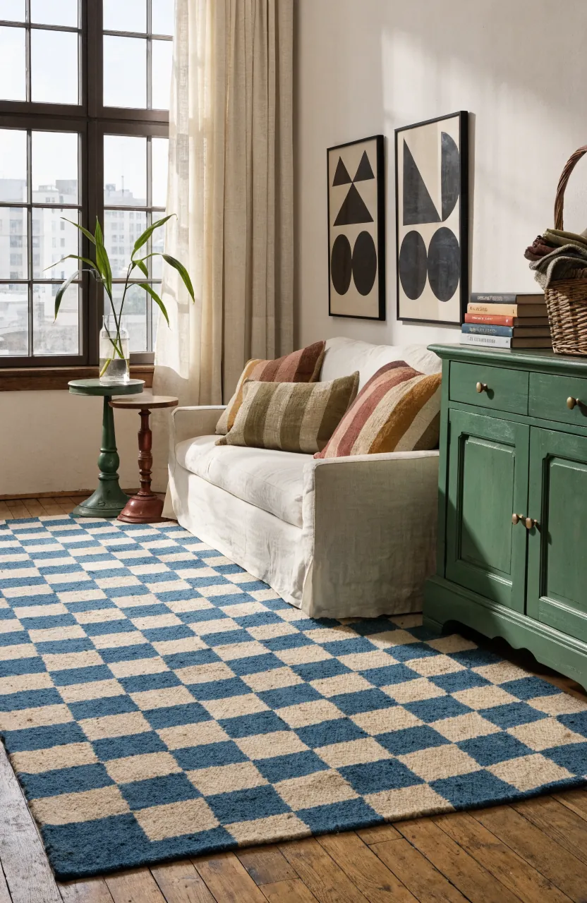 Colorful living room using a calm wall color with layered pillows, art, rug, and painted furniture