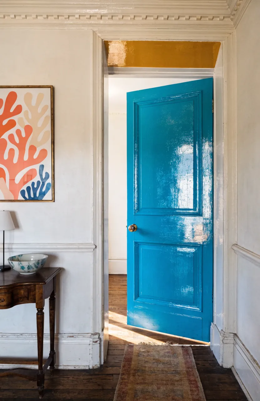 Hallway with turquoise painted door and mustard ceiling stripe as a low-risk colorful room idea