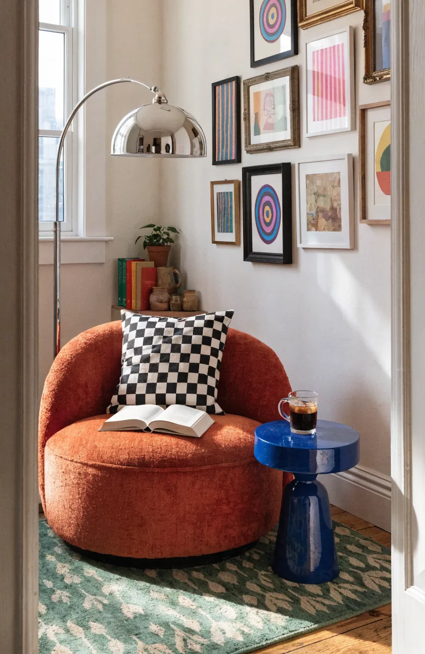 Funky vintage reading nook with orange chair, cobalt table, green rug, and gallery wall