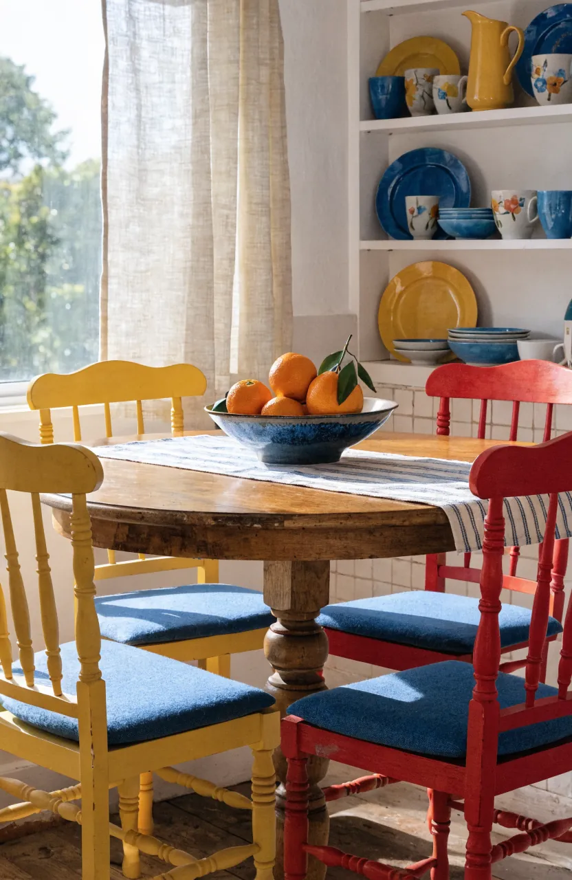 Sunny colorful dining nook with painted chairs, open shelves, ceramics, and wood table