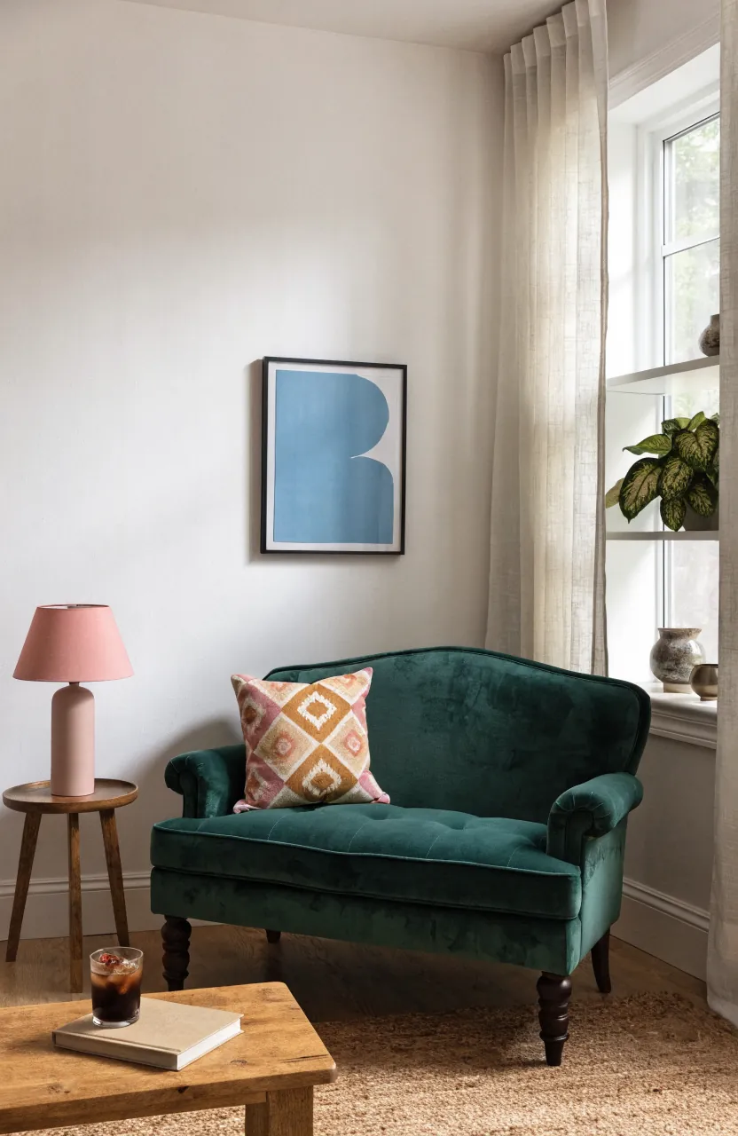 Small colorful sitting room with green loveseat, blush lamp, patterned pillow, and quiet wall space