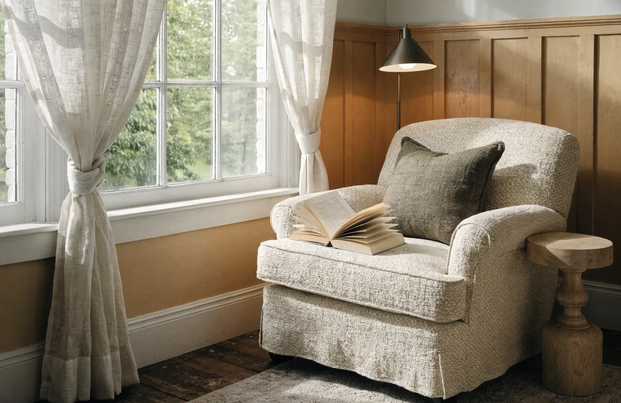 Reading chair angled beside a window to use natural light without glare