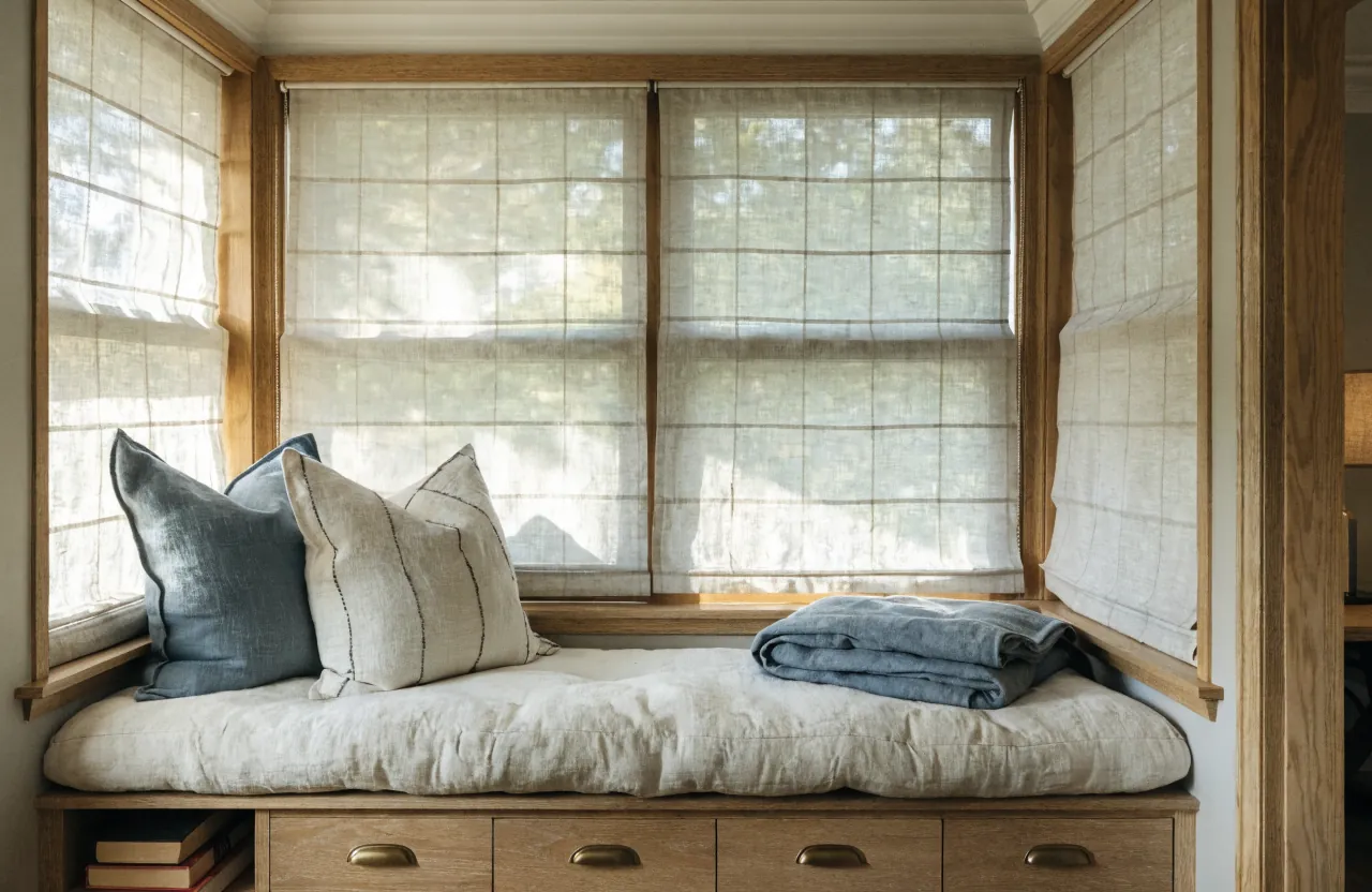 Window seat reading nook with deep cushion and built-in book storage