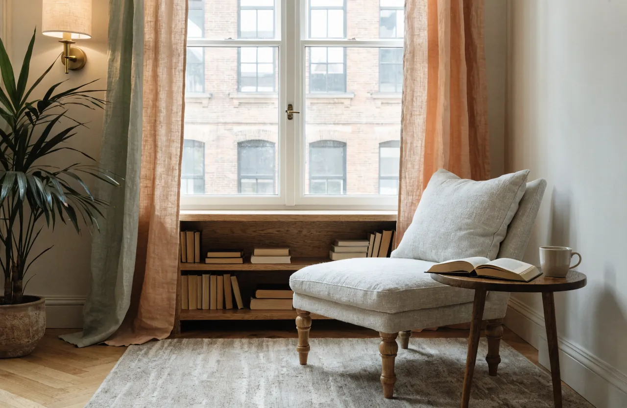 Empty window area transformed into a cozy reading spot with natural light, chair, side table, and books