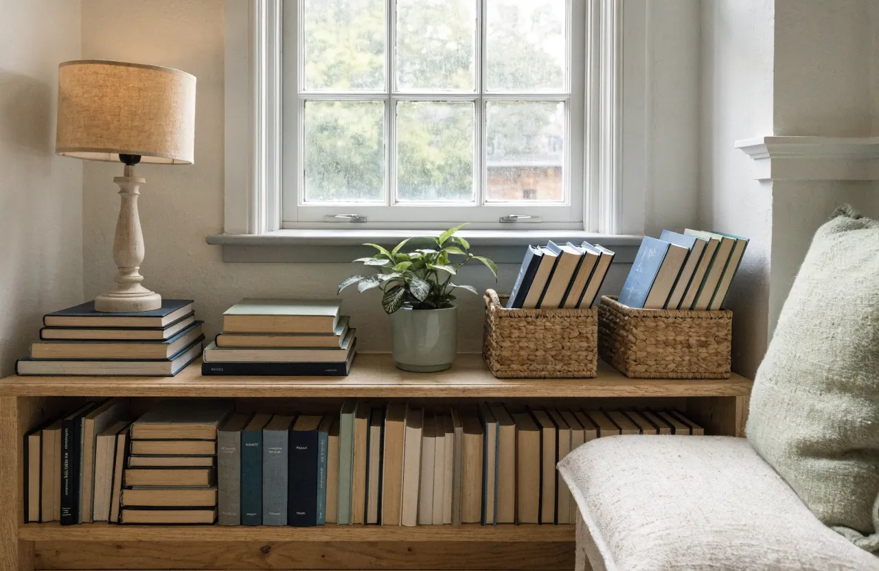 Low book storage under a window for a compact reading nook