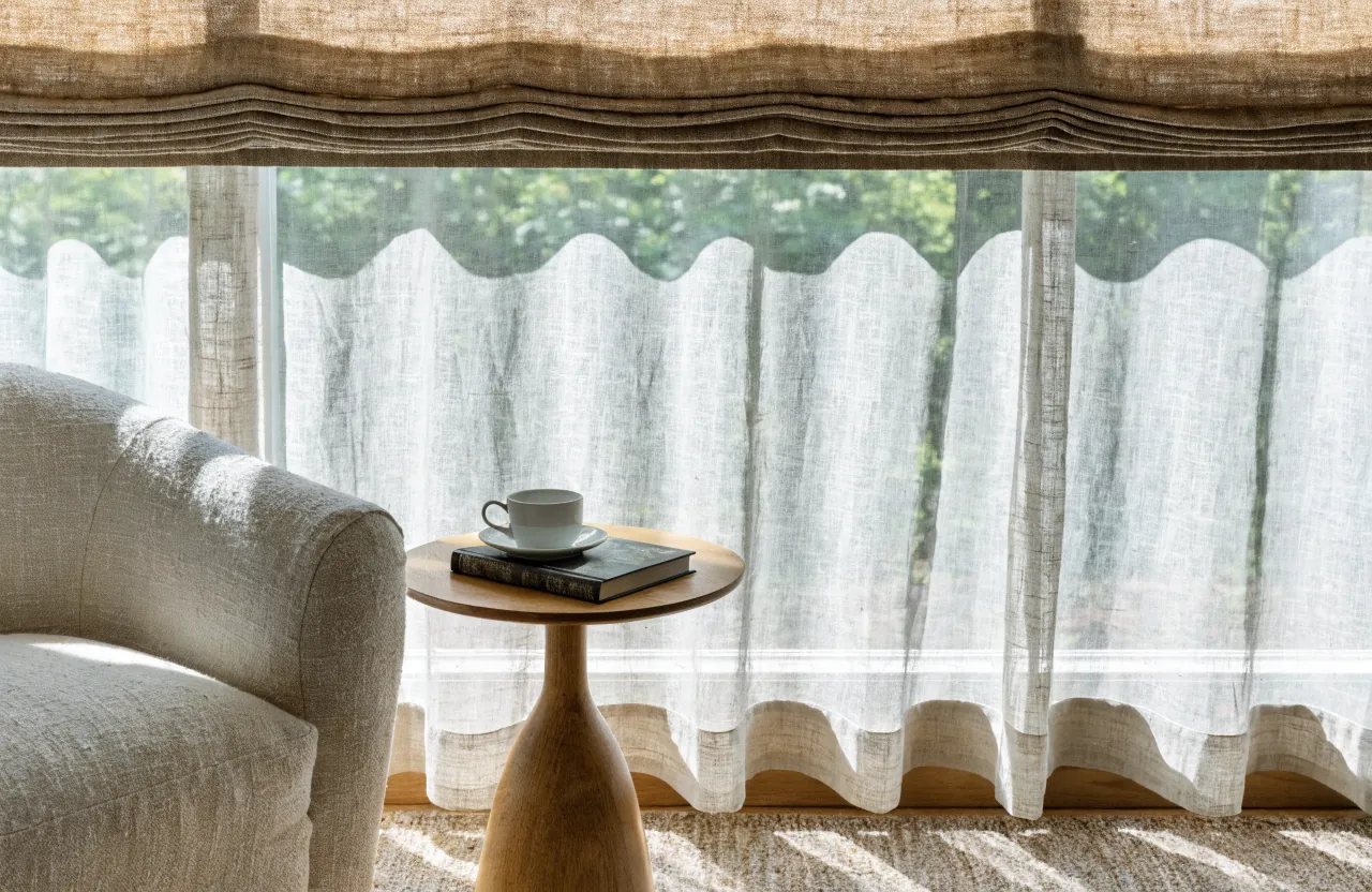 Sheer curtains and Roman shades controlling natural light in a window reading nook