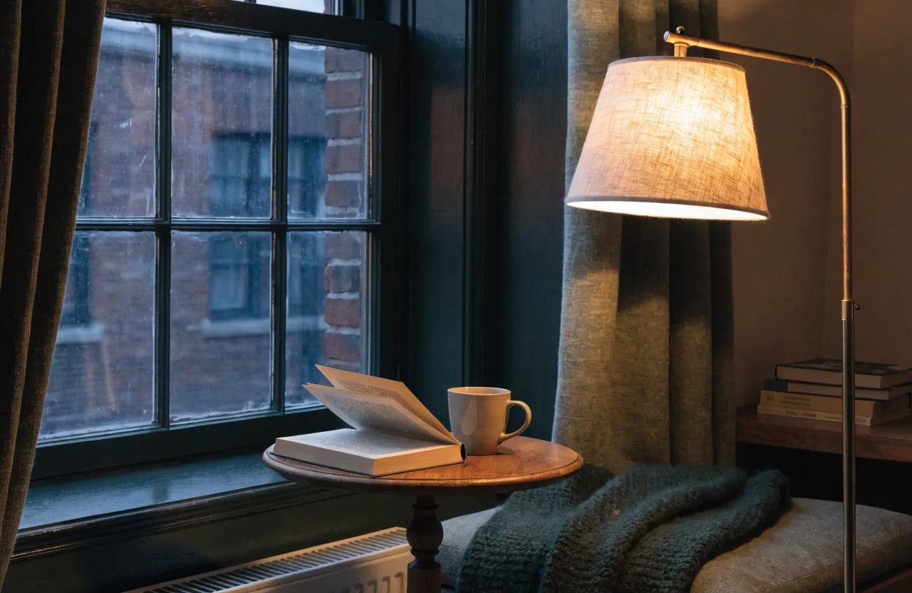 Evening lamp beside a window reading nook for reading after dark