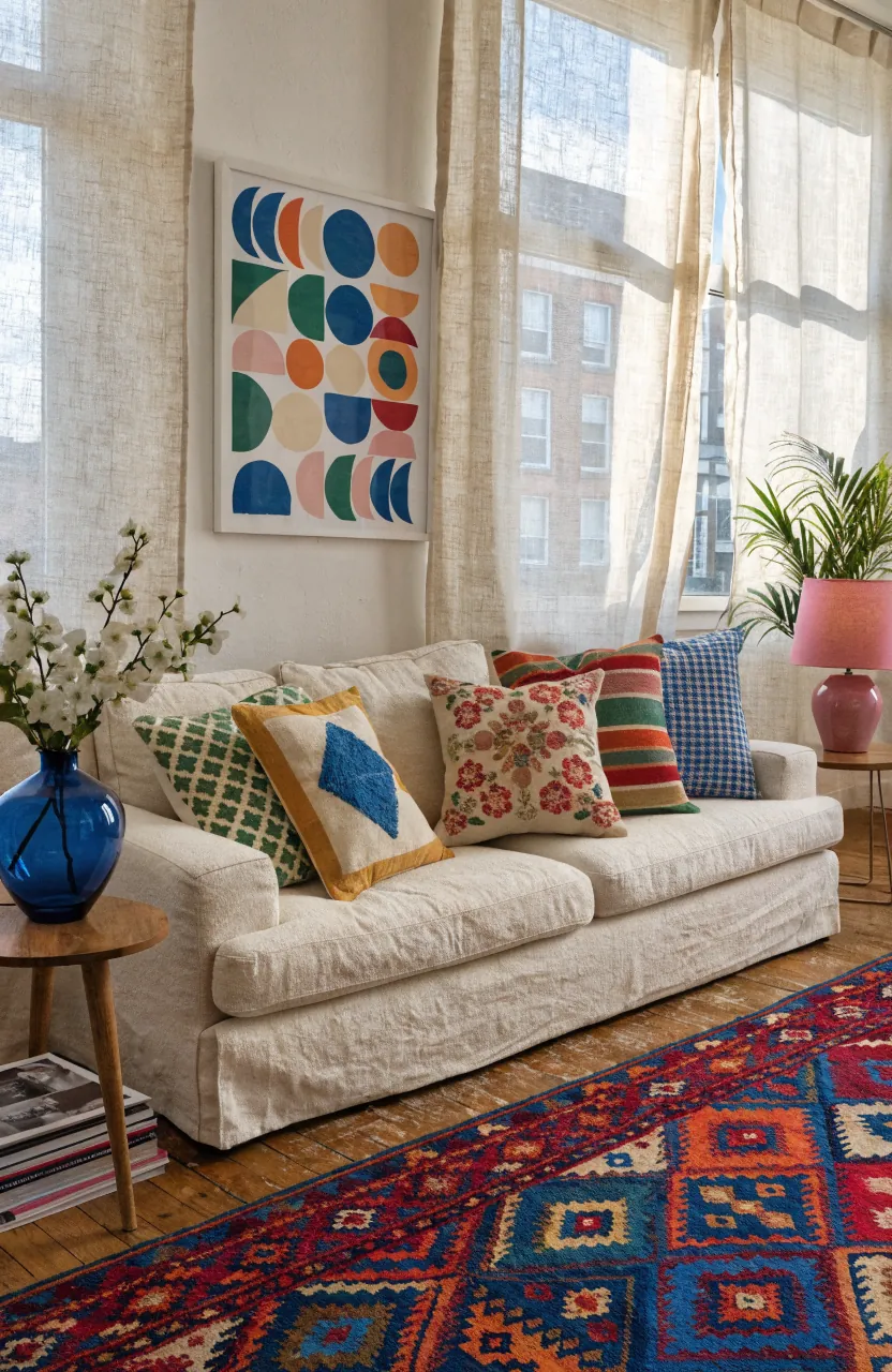 Colorful living room corner with vivid rug, pink lamp, cobalt vase, green plants, and cream sofa