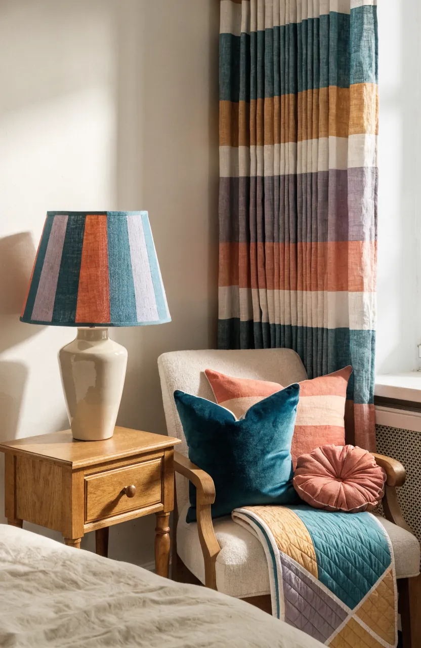 Bedroom corner refreshed with colorful lampshade, curtains, pillows, quilt, and soft textiles