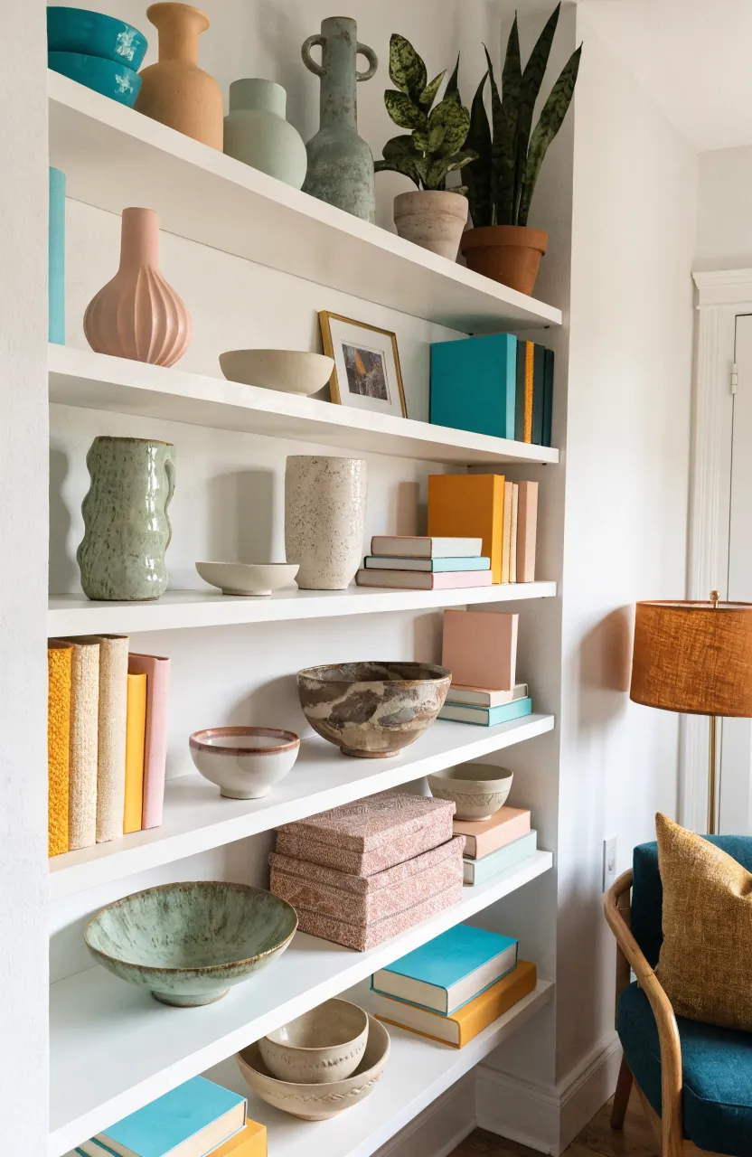 Styled shelves with colorful ceramics, books, plants, and decor objects creating a cheerful palette