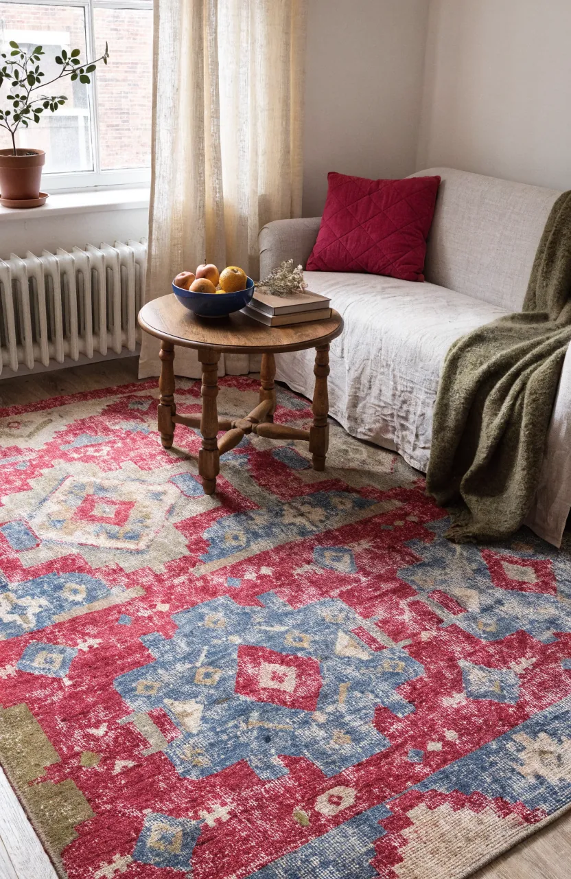 Small sitting area where a colorful vintage rug sets the palette for pillows and decor
