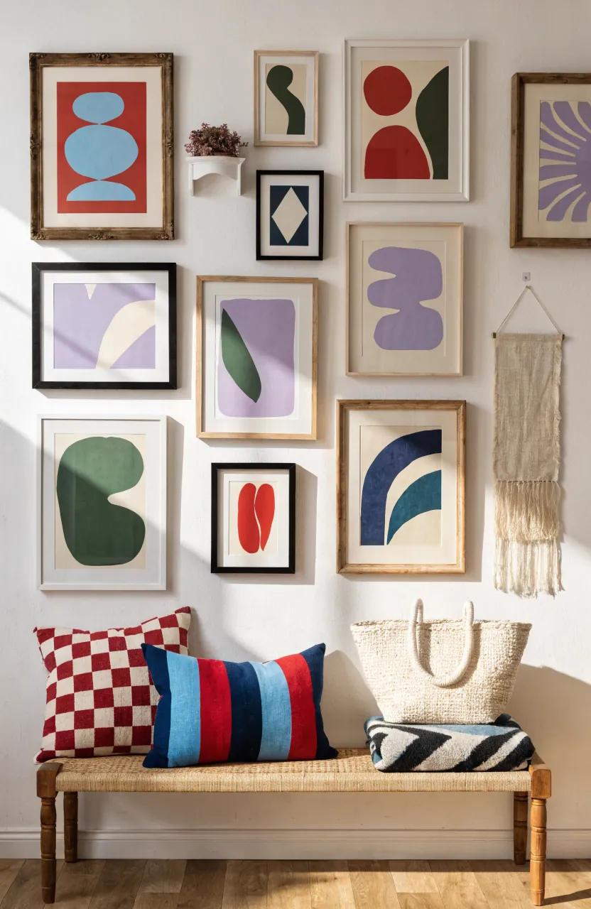 Renter-friendly colorful gallery wall with bench, pillows, shelf, and abstract art