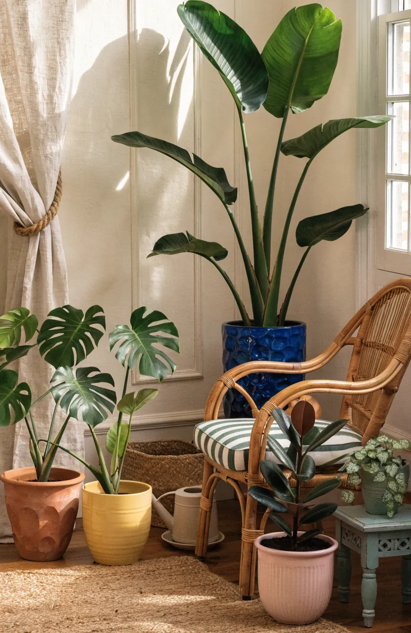 Sunlit plant corner with colorful planters, rattan chair, striped cushion, and natural textures