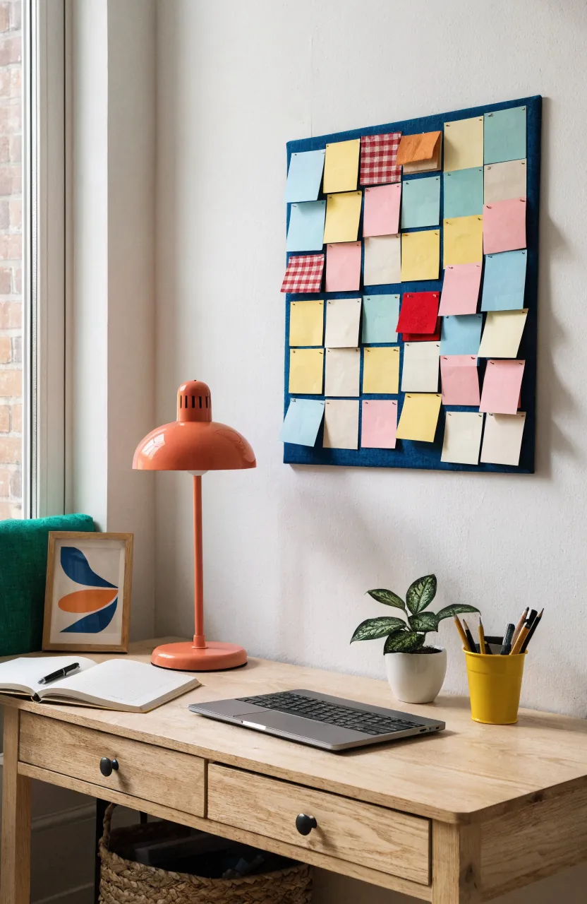 Compact desk corner with coral lamp, blue pinboard, green cushion, yellow cup, and colorful accessories