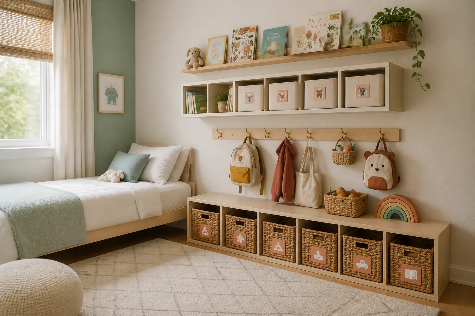 Child height wall storage in a small kids bedroom with labeled baskets and clear floor space