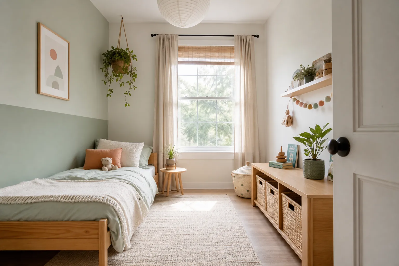 Small kids room with soft colors, clear floor space, and calm toy storage