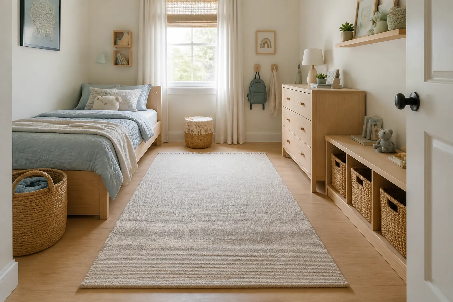 Small kids room layout with an open path, low bed, soft rug, and calm storage