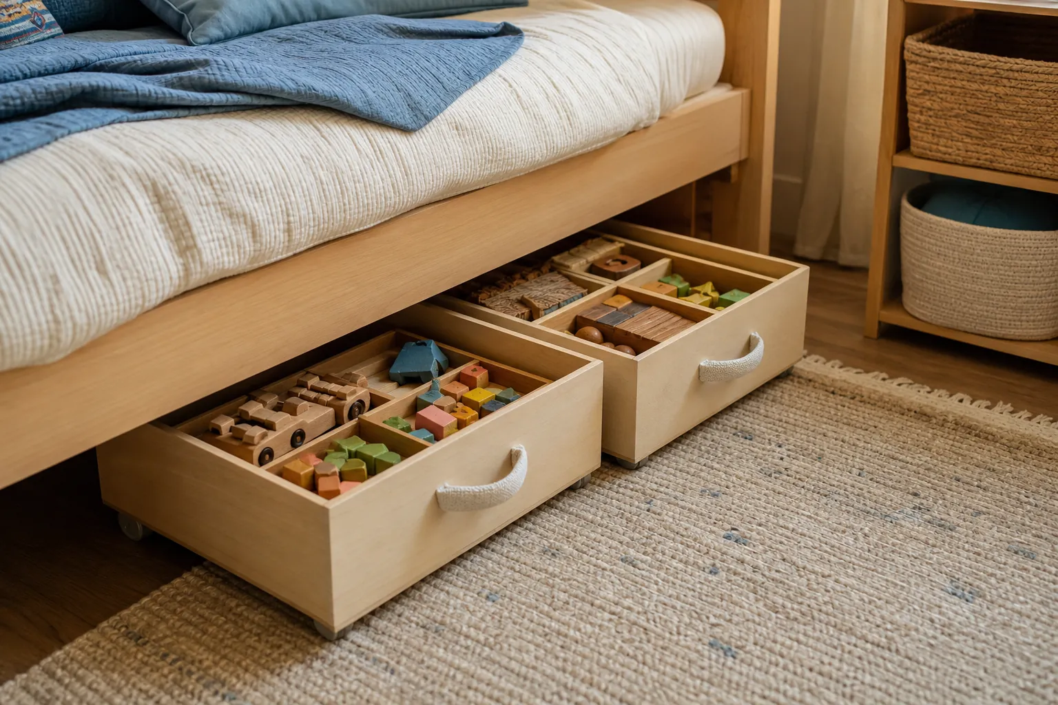Under bed toy storage boxes in a small kids room with soft bedding and open floor space