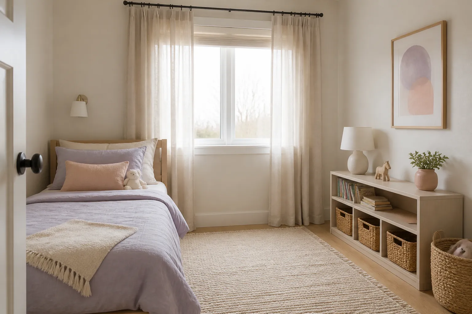 Calm kids bedroom with soft colors, pale bedding, warm curtains, and simple decor