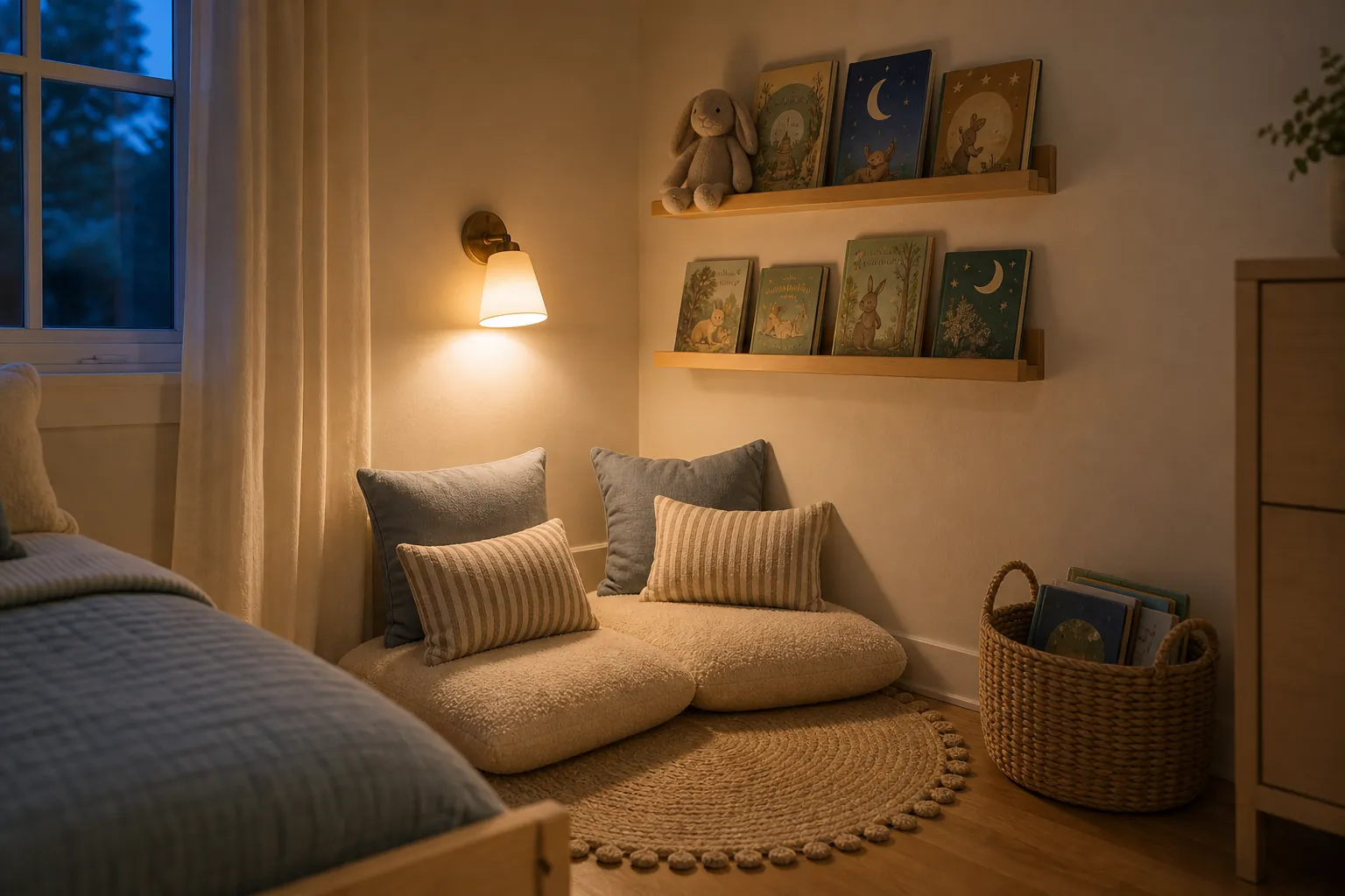 Small kids room reading corner with floor cushion, wall bookshelves, and warm bedtime light