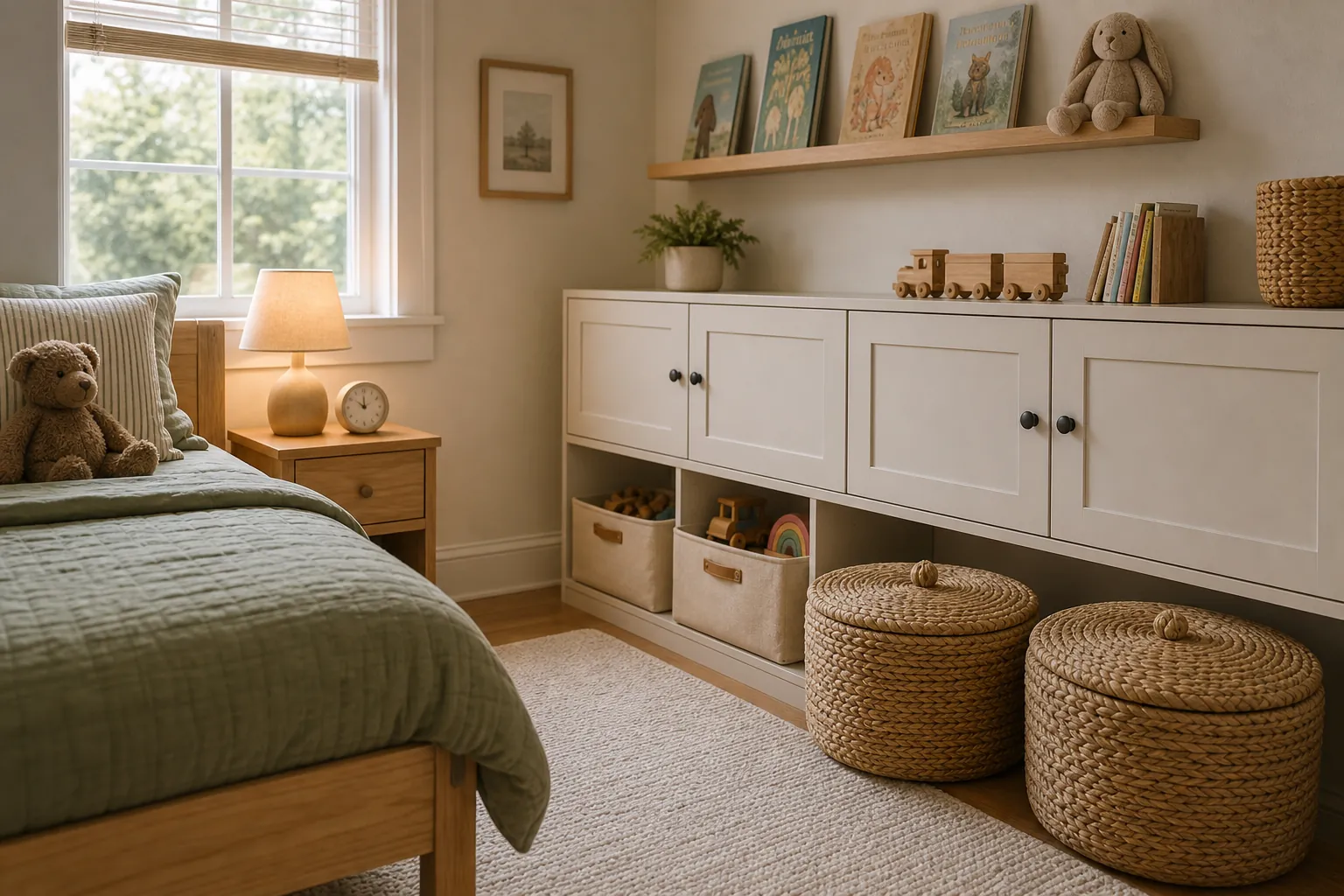 Closed toy storage system in a small kids room with calm baskets and labeled bins