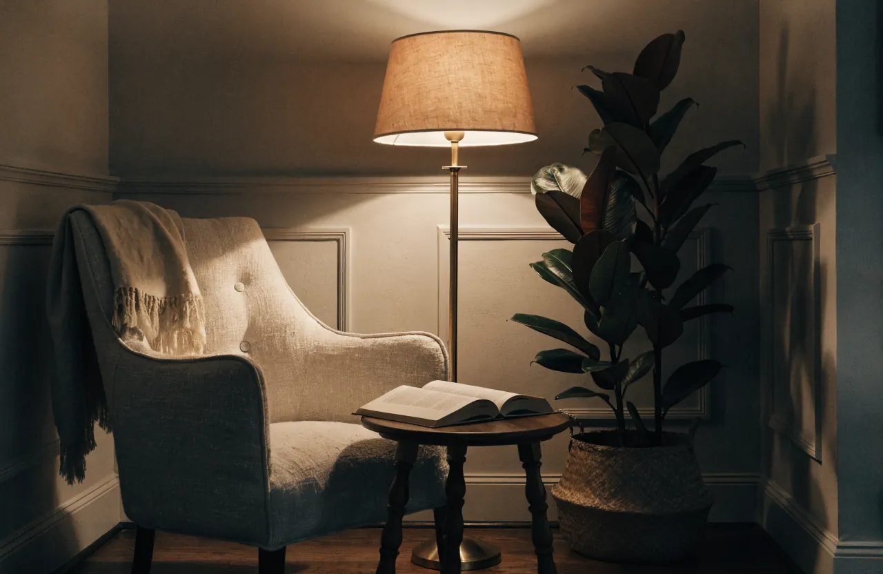 Warm floor lamp beside a reading nook chair and leafy plant