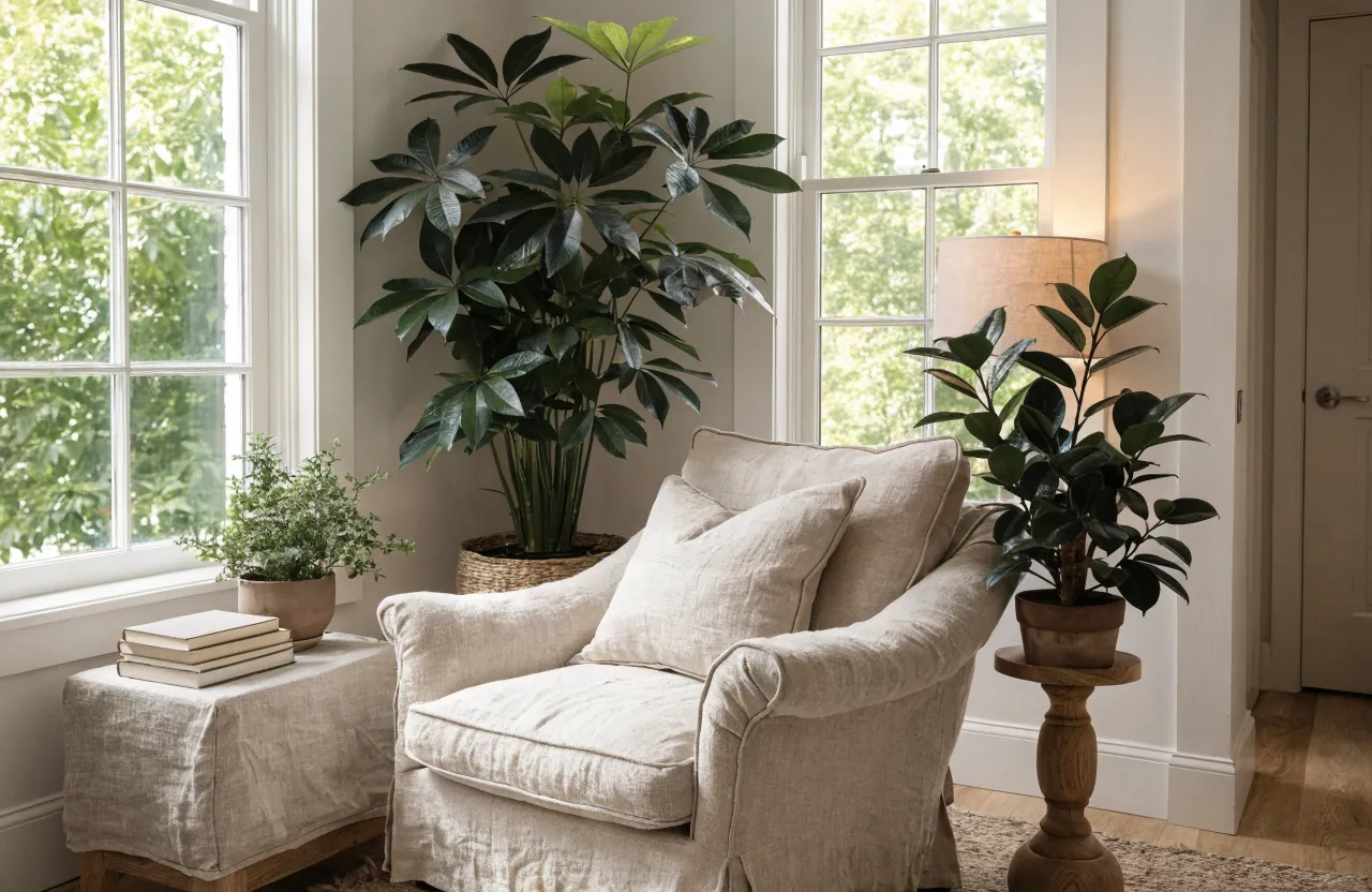 Layered plant heights around a cozy reading nook chair