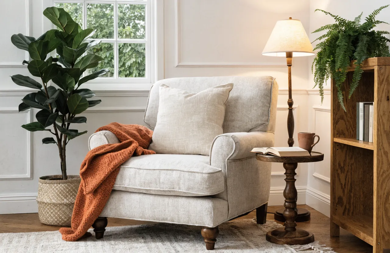 Reading nook with layered plants, a warm floor lamp, bookshelf decor, and soft cozy lighting
