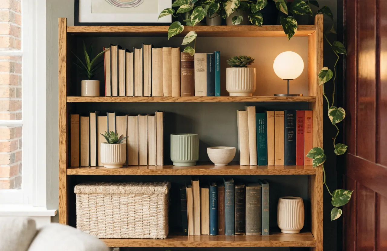 Books and plants styled together on reading nook shelves