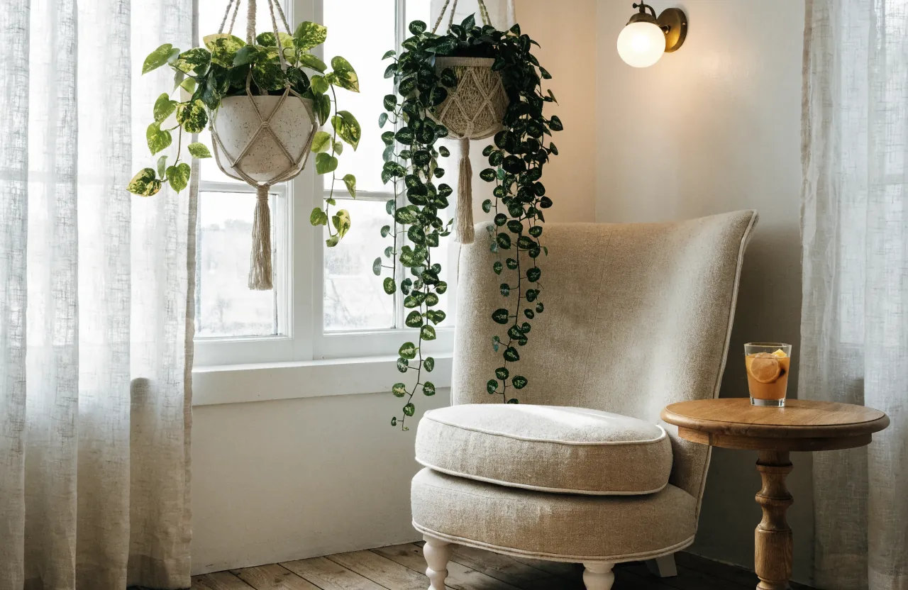 Hanging greenery and soft window light above a cozy reading corner
