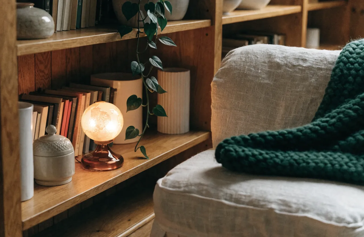 Small shelf lamps, books, and greenery creating cozy reading nook lighting