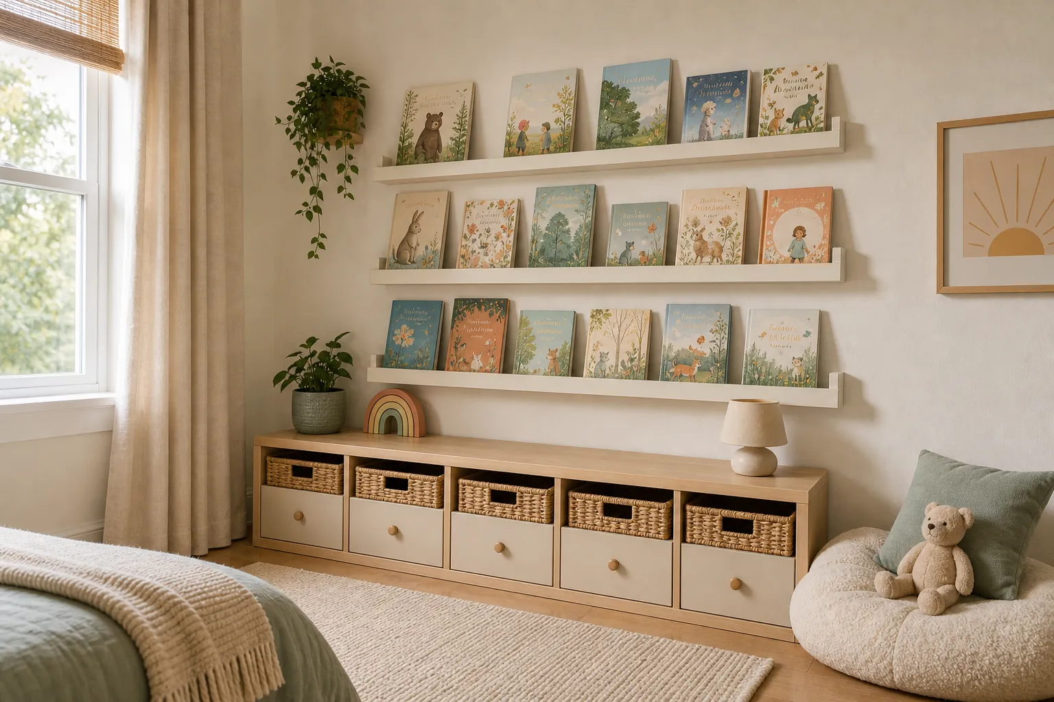 Front facing book ledges above low storage in a small kids room