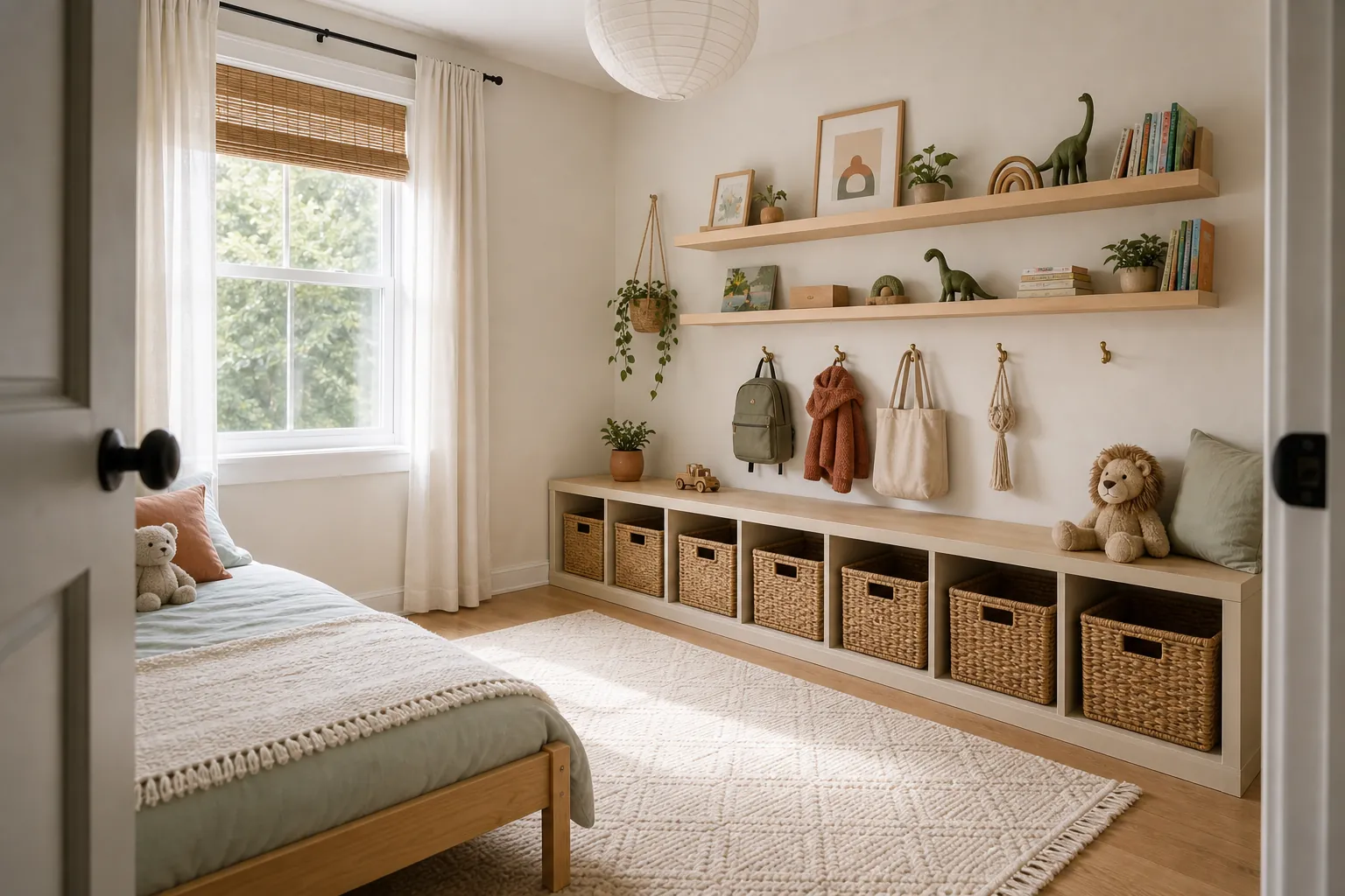 Small kids room with one organized storage wall and open floor space for play