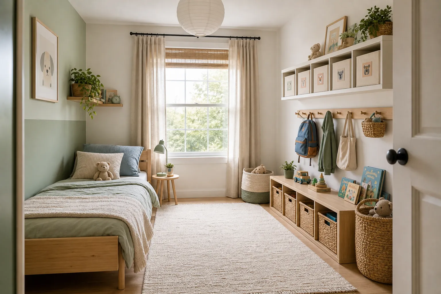 Small kids room with wall storage, toy bins, and open floor space for play
