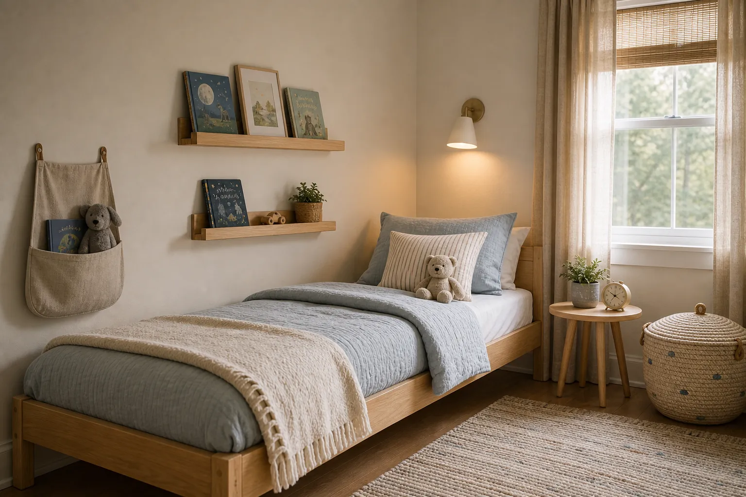 Bed wall shelves in a small kids bedroom with bedtime books and open floor space