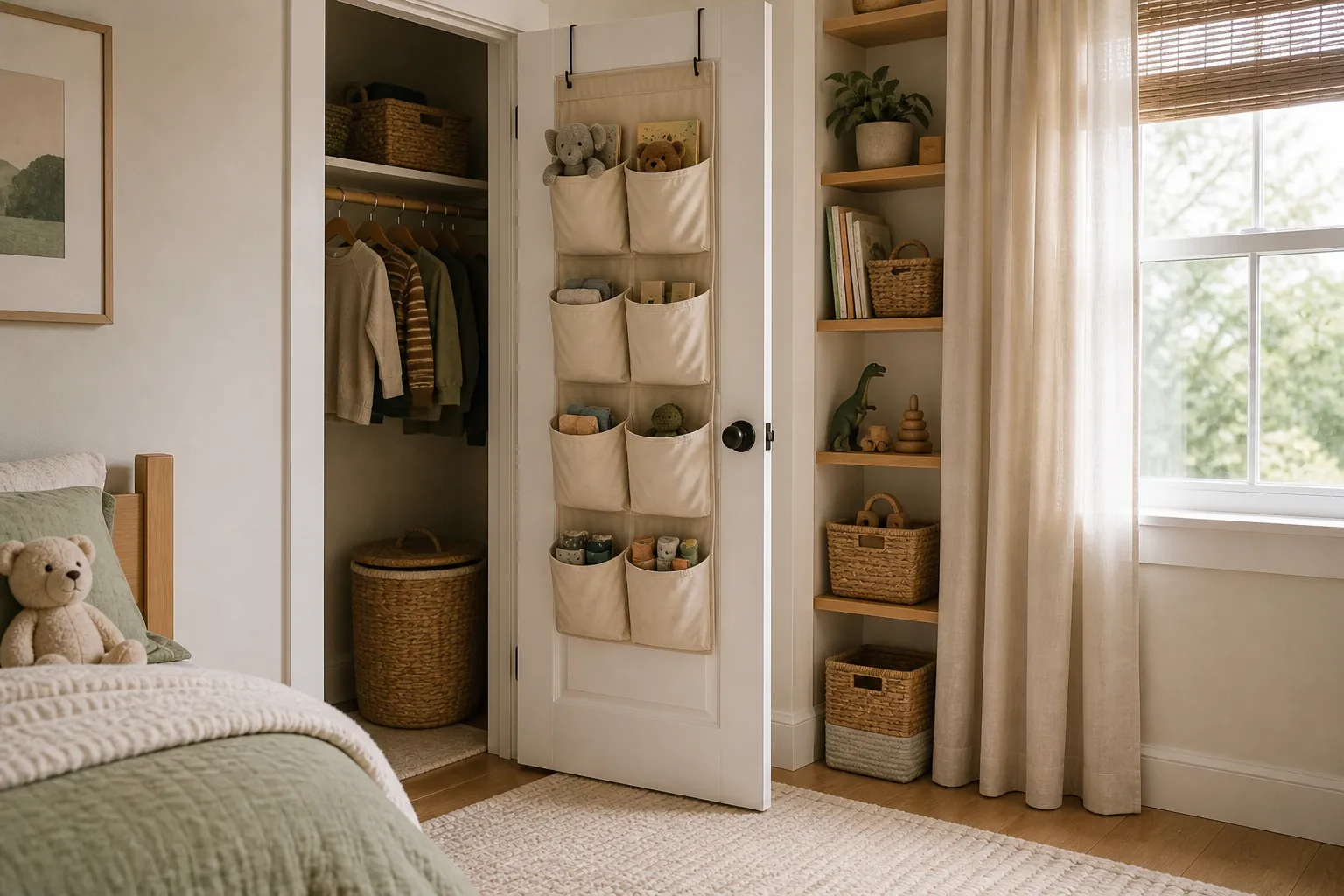 Closet door storage in a small kids room with toys organized off the floor