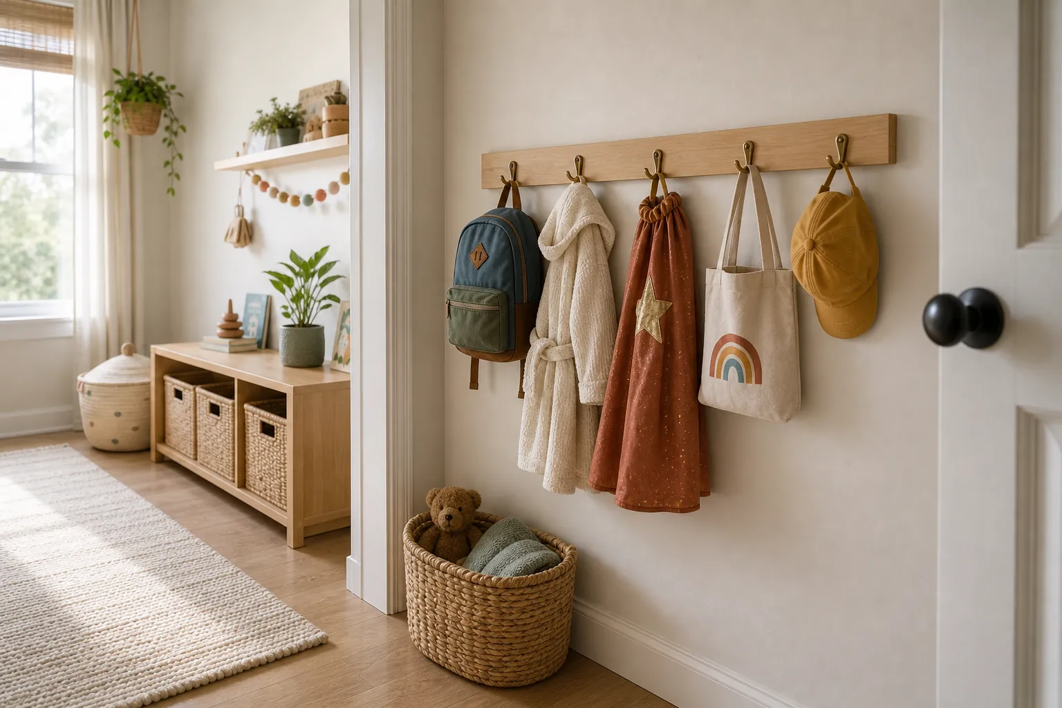 Child height hook rail in a small kids room for backpacks dress up clothes and bags
