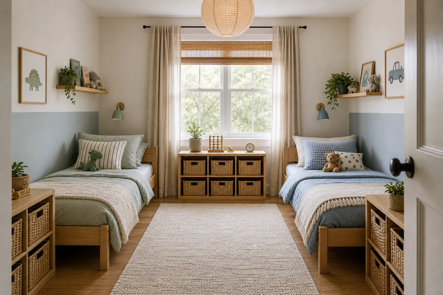 Small shared kids room for two children with clear walkway, twin beds, and personal storage zones