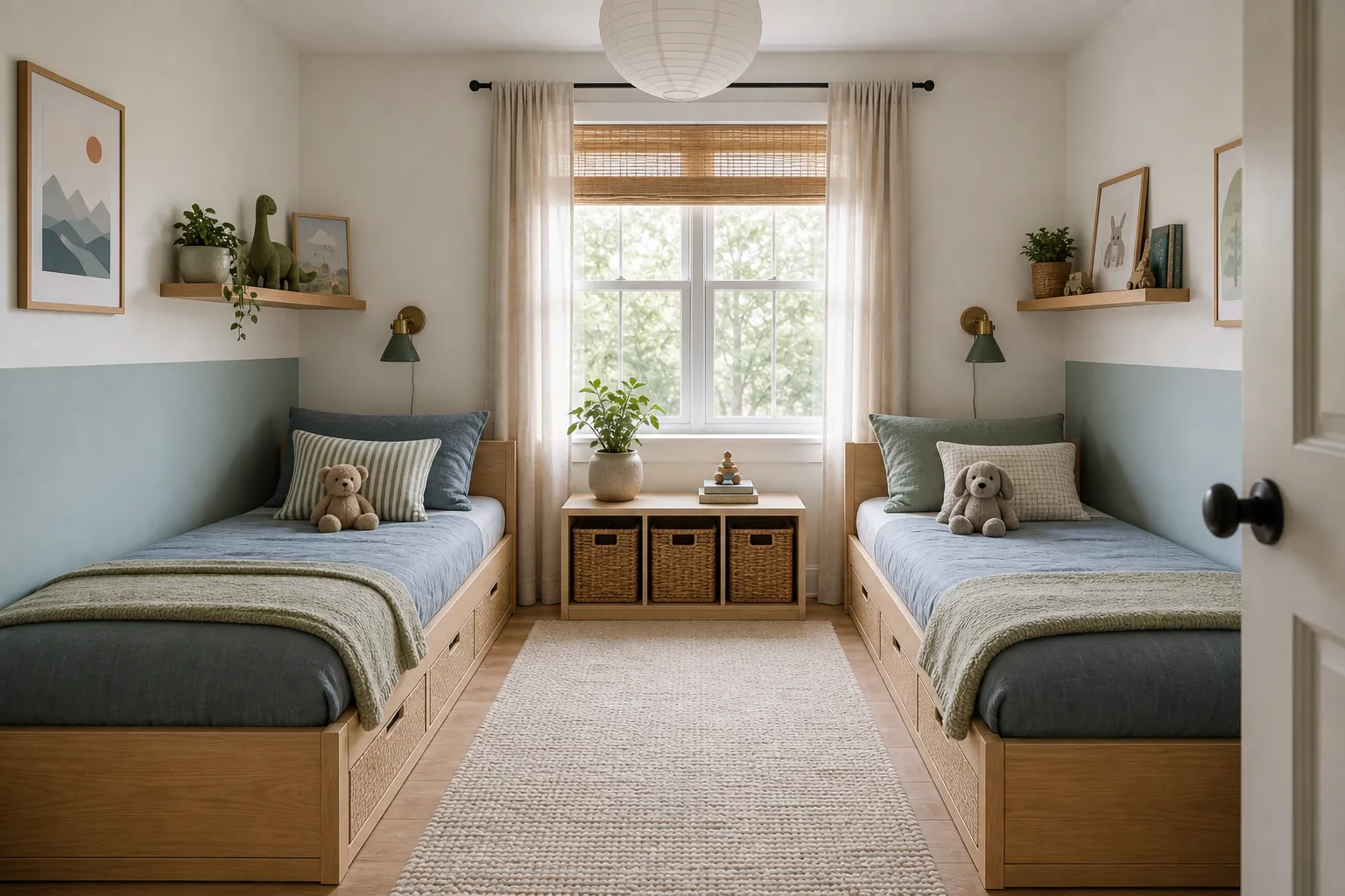 Parallel twin beds in a small sibling room with wall shelves and under bed drawers