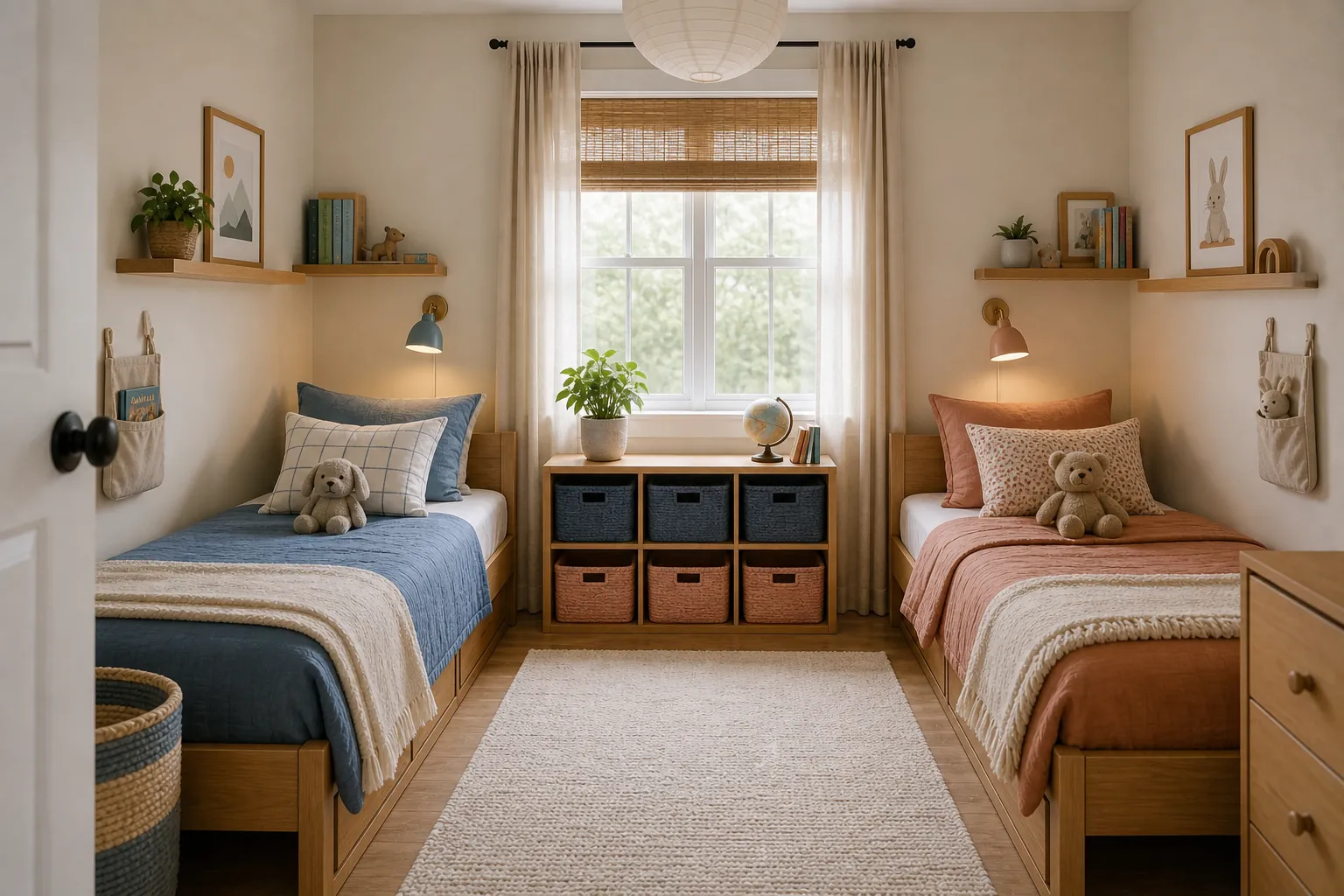 Personal zones in a small shared kids bedroom with separate shelves and color accents