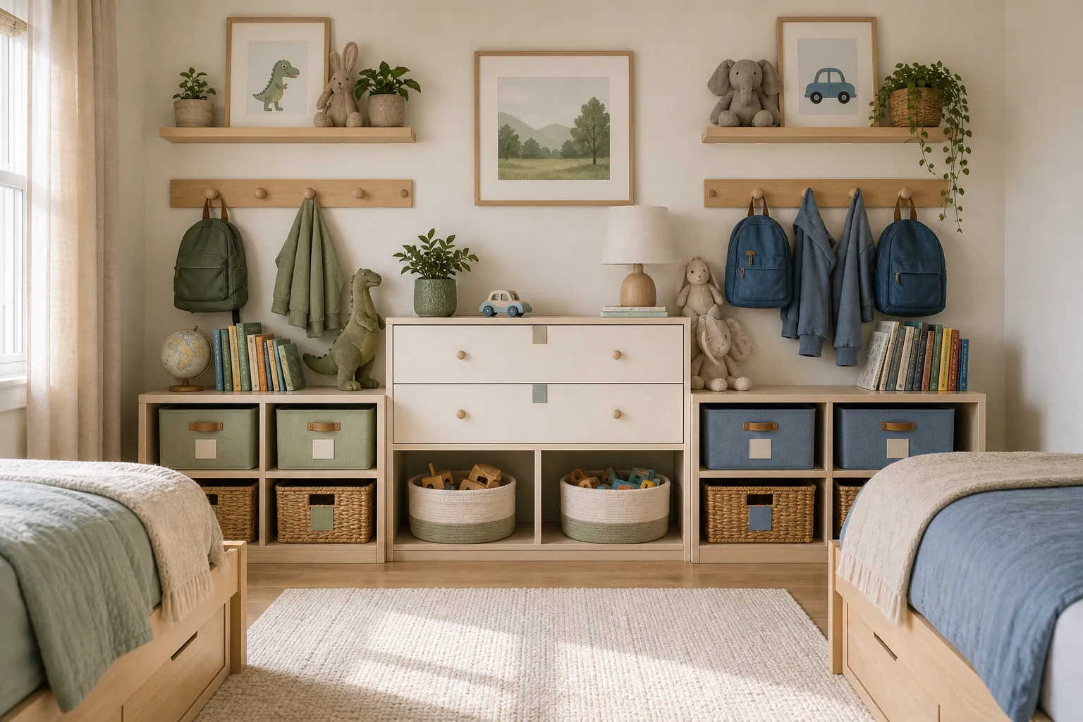 Split storage for two children in a small shared bedroom with labeled baskets and drawers