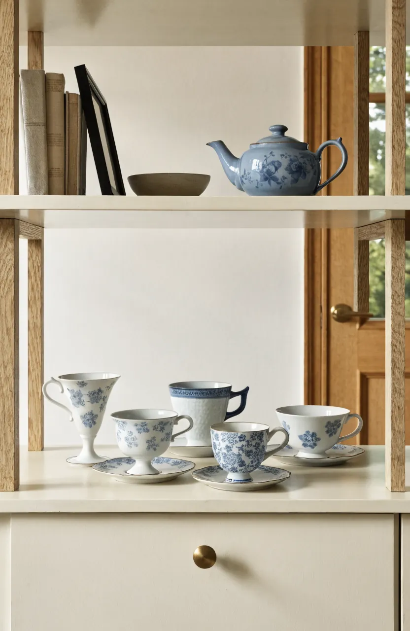 Edited group of old teacups on open shelves with modern books and negative space