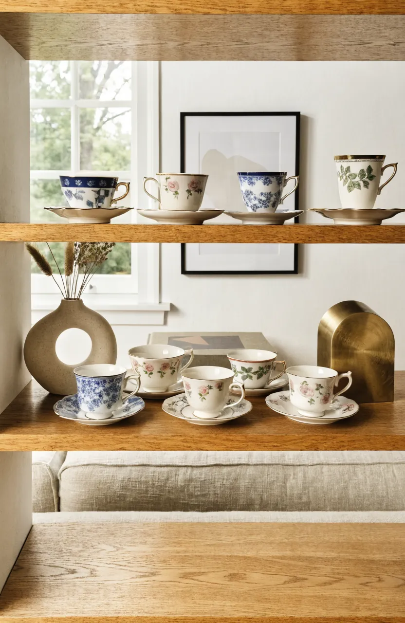 Old teacups styled on a modern living room shelf with warm wood and clean decor
