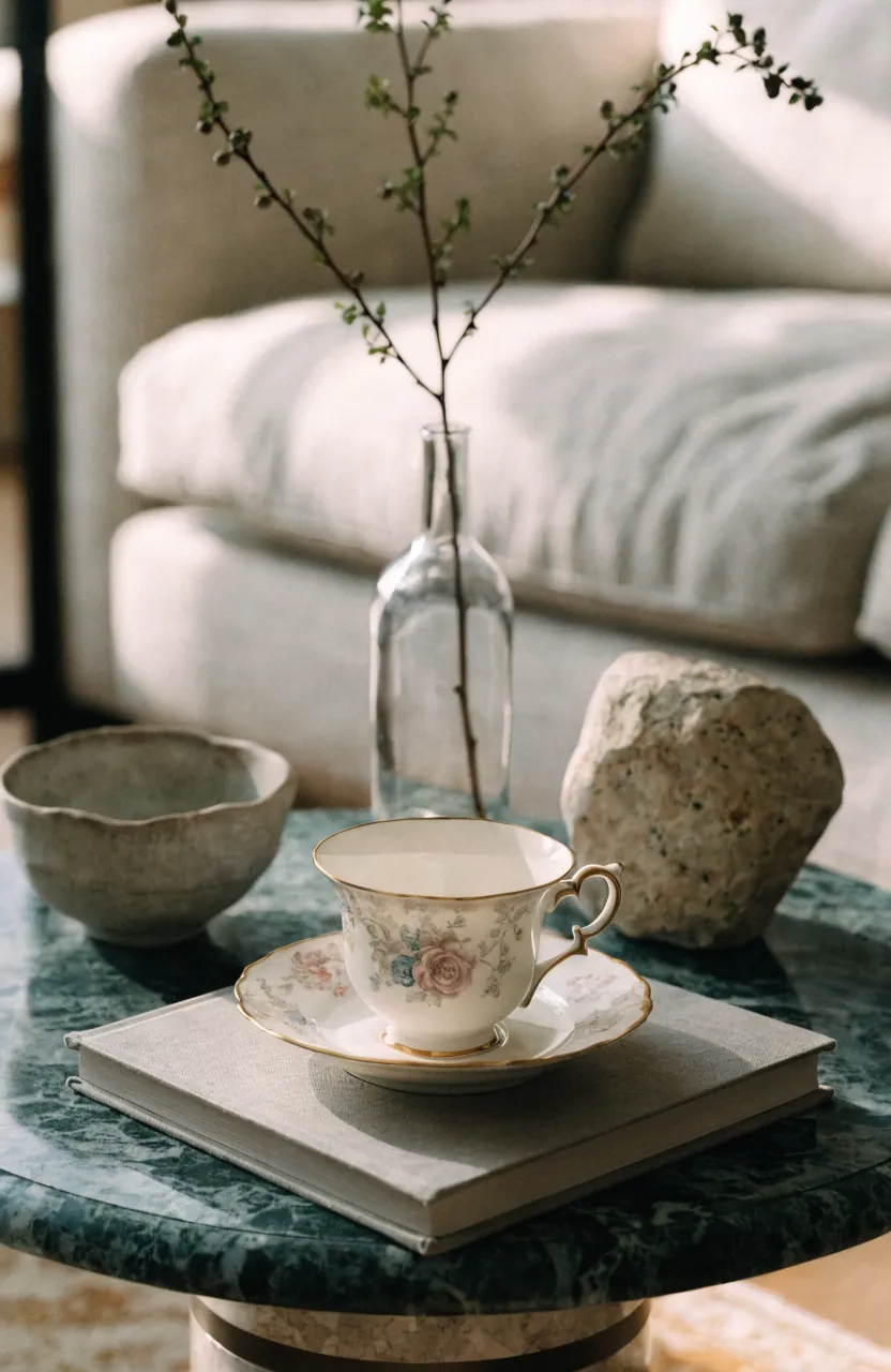 Vintage teacup used as a decorative object in a modern coffee table vignette