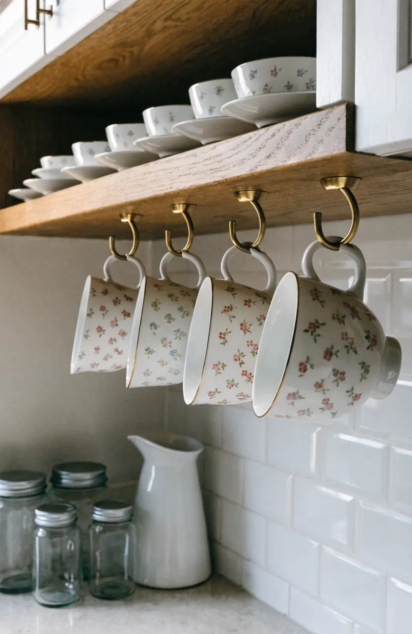 Vintage teacups hanging from discreet hooks under a modern kitchen shelf