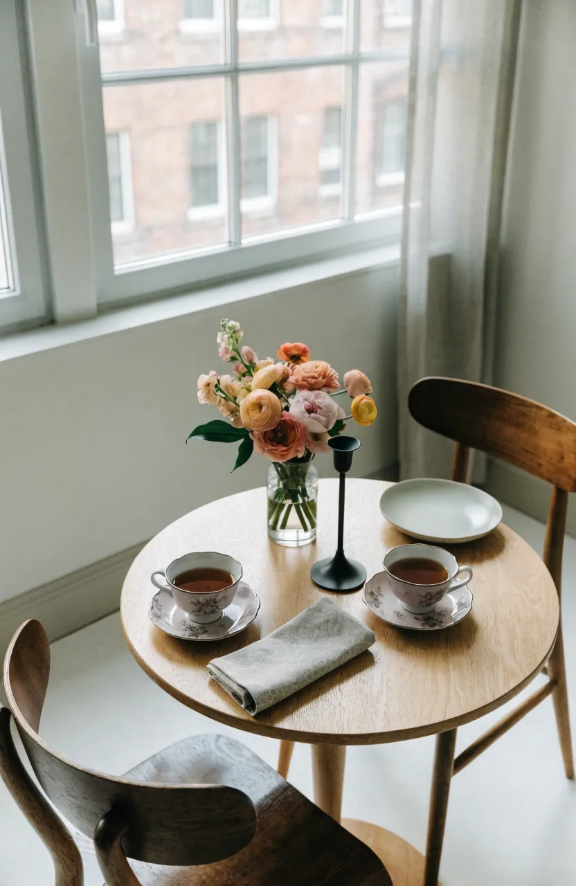 Small round table styled with vintage teacups, flowers, and modern linens