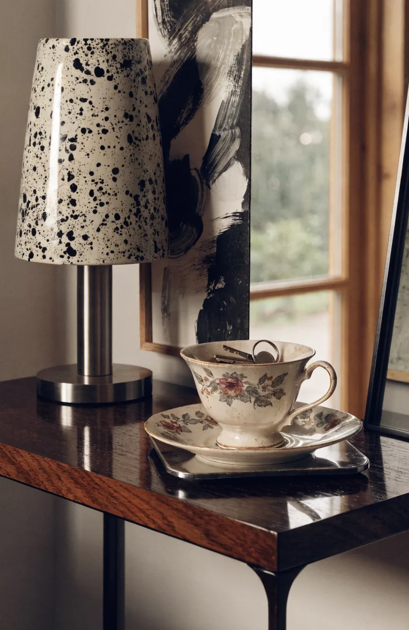 Old teacup repurposed as an entryway catchall on a modern console