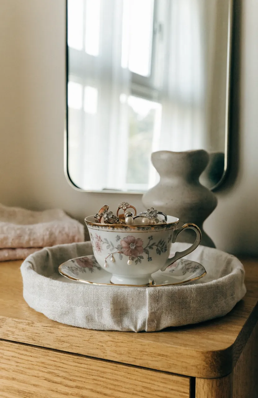 Vintage teacup styled as a jewelry holder on a modern bedroom dresser